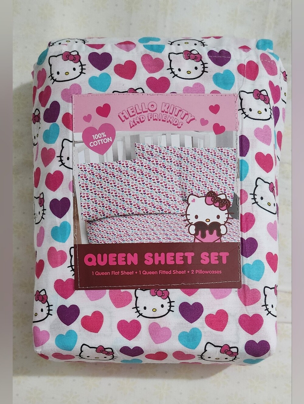 **NEW** Hello Kitty QUEEN Multicolor Confetti Hearts Valentine's Day Sheet Set